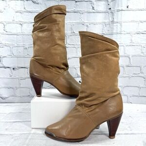 Vintage Zodiac USA Women's 9M Slouch Boots Tan Leather‎ High Heel 1022019